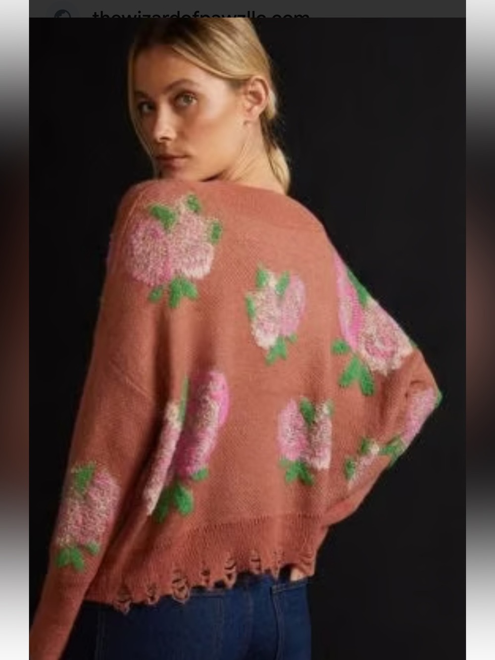 Anthropologie distressed Rust Pink Floral Knit Sweater with Green Accents - Picture 2 of 9
